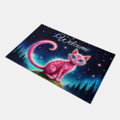 ファンタジーピンクの猫で魔法星空の夜森 ドアマット (アングル)