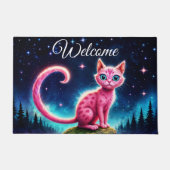 ファンタジーピンクの猫で魔法星空の夜森 ドアマット (正面)