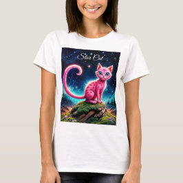 ファンタジーピンクの猫で魔法星空の夜森 Tシャツ