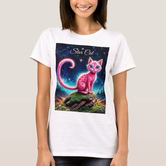 ファンタジーピンクの猫で魔法星空の夜森 Tシャツ (正面)