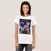ファンタジーピンクの猫で魔法星空の夜森 Tシャツ (正面フル)