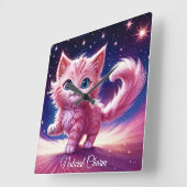 ファンタジーピンクふわふわ子猫ブライトブルーアイズアート スクエア壁時計 (傾斜)