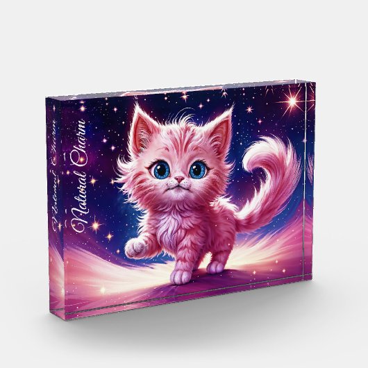 ファンタジーピンクふわふわ子猫ブライトブルーアイズアート フォトブロック (左)