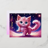 ファンタジーピンクふわふわ子猫ブライトブルーアイズアート 箔シーズンポストカード (正面/裏面)