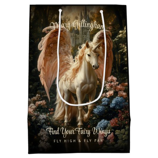 ファンタジーピンクフェアリーフォレストユニコーンウッドランド魔法 ミディアムペーパーバッグ (裏面)