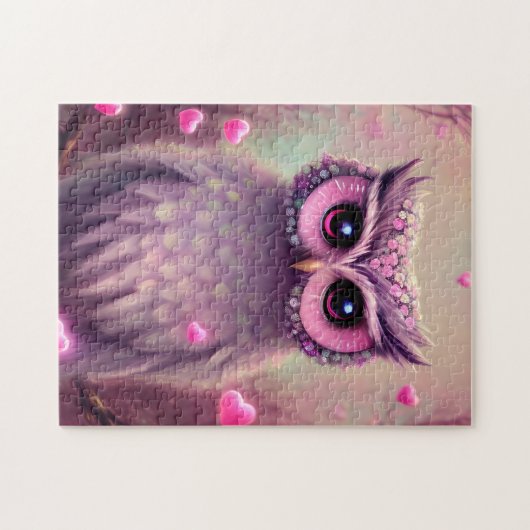 ファンタジーピンクフワフワかわいいフクロウ ジグソーパズル (横)