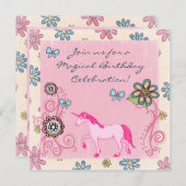ファンタジーピンクユニコーンと花誕生日招待状 招待状 (正面/裏面)