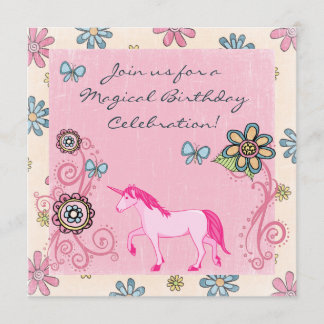 ファンタジーピンクユニコーンと花誕生日招待状 招待状
