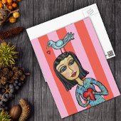 ファンタジーフォークアートレディーブルーバードハートラブ ポストカード