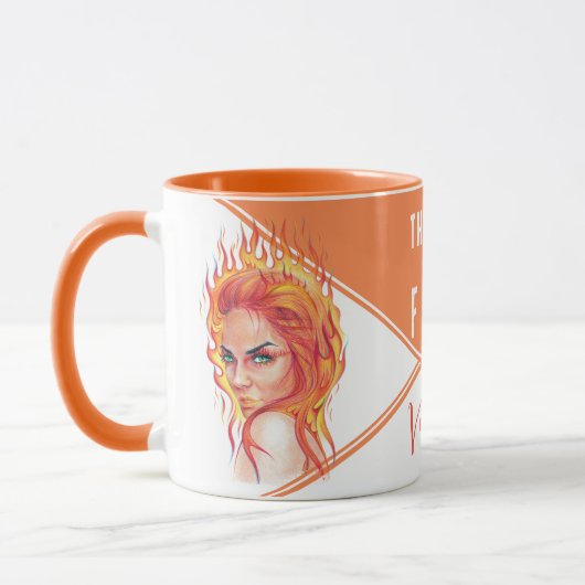 ファンタジーフレイムウーマンシュールアルアートガールオンファイアネーム マグカップ (左)