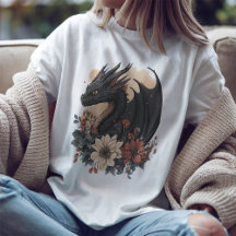 ファンタジーブラックドラゴン&フローラアートTシャツ