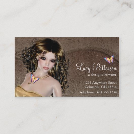 ファンタジーブルネット女性バタフライビジネスカード 名刺 (正面)
