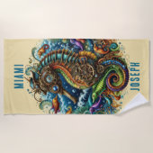 ファンタジーブルー&タンスチームパンクシーホース ビーチタオル (正面)