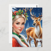 ファンタジーブロンドの女性と鹿のクリスマス ポストカード (正面/裏面)