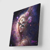 ファンタジープリンセス紫色の花 スクエア壁時計 (傾斜)