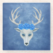 ファンタジーホワイトディアヘッドバラ〔雄ジカの〕枝角オンブルー ガラスコースター (正面)