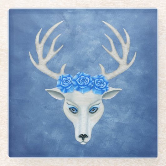 ファンタジーホワイトディアヘッドバラ〔雄ジカの〕枝角オンブルー ガラスコースター (正面)
