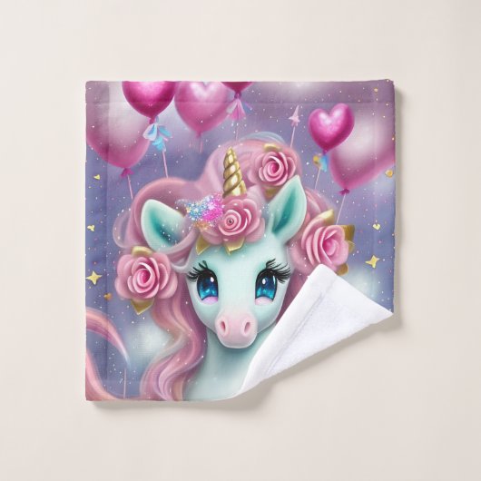 ファンタジーホワイトベビーユニコーンとピンクハート ウォッシュタオル (ウォッシュタオル)
