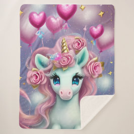 ファンタジーホワイトベビーユニコーンとピンクハート シェルパブランケット