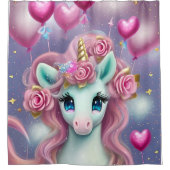 ファンタジーホワイトベビーユニコーンとピンクハート シャワーカーテン (正面)