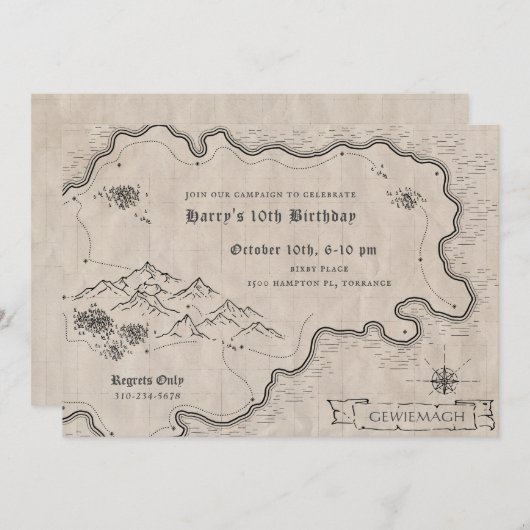 ファンタジーマップロール遊のゲームキャンペーン誕生日 招待状 (正面/裏面)