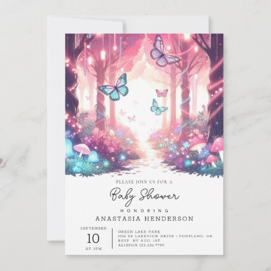 ファンタジーモダン魅惑の森の赤ちゃんシャワー 招待状 (正面)