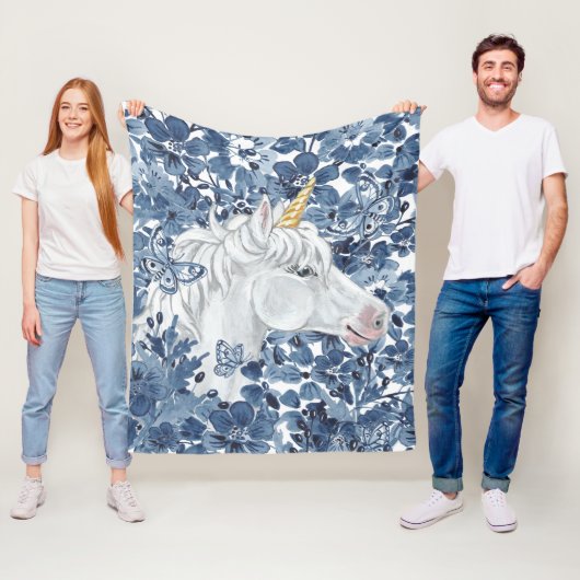 ファンタジーユニコーンブルーフラワーチョウガーリー フリースブランケット (インサイチュ)