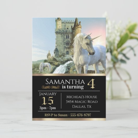 ファンタジーユニコーン中世キャッスルメタリック誕生日 招待状 (スタンド正面)