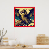 ファンタジーヨーロッパドラゴン – Woodcut 1 ポスター (キッチン)