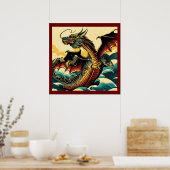 ファンタジーヨーロッパドラゴン – Woodcut 2 ポスター (キッチン)