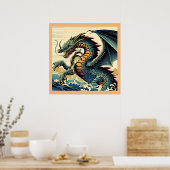 ファンタジーヨーロッパドラゴン – Woodcut 4 ポスター (キッチン)