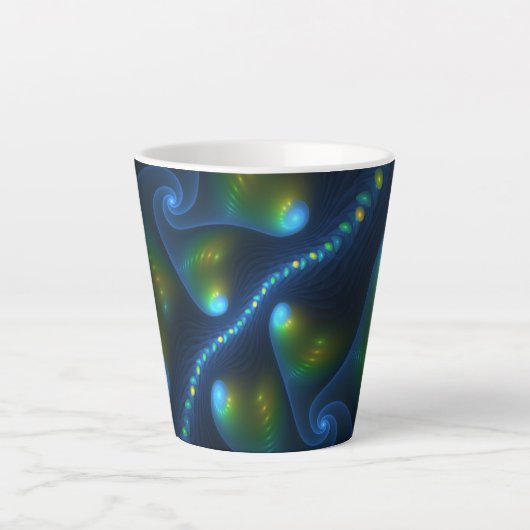 ファンタジーライト抽象芸術ブルーグリーンイエローフラクタル カフェラテマグ (正面)