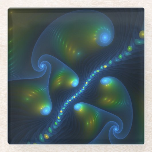 ファンタジーライト抽象芸術ブルーグリーンイエローフラクタル ガラスコースター (正面)