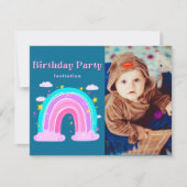ファンタジーレインボー ピンク&ティール 1歳の誕生日 招待状 (正面)
