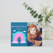 ファンタジーレインボー ピンク&ティール 1歳の誕生日 招待状 (スタンド正面)