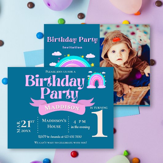 ファンタジーレインボー ピンク&ティール 1歳の誕生日 招待状