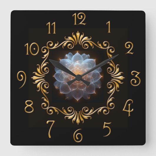 ファンタジーロマンチックな花と金ゴールド枠 スクエア壁時計 (正面)