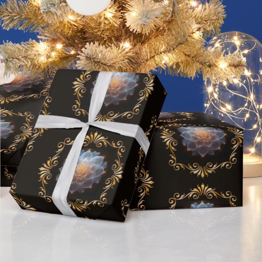 ファンタジーロマンチックな花と金ゴールド枠 ラッピングペーパー (クリスマス)