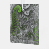ファンタジーワールドグリーンとグレーの抽象芸術フラクタル・アート ガラスオーナメント (正面左)