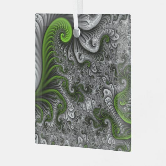ファンタジーワールドグリーンとグレーの抽象芸術フラクタル・アート ガラスオーナメント (正面左)