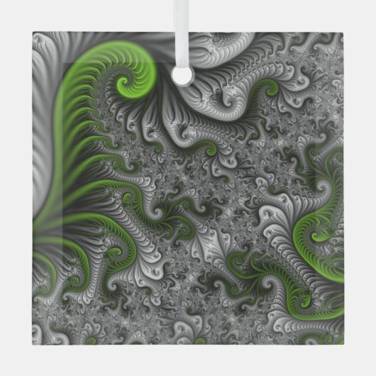 ファンタジーワールドグリーンとグレーの抽象芸術フラクタル・アート ガラスオーナメント (正面)