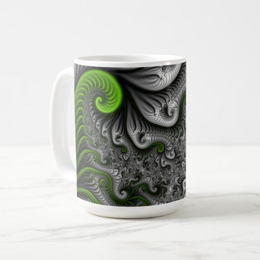 ファンタジーワールドグリーンとグレーの抽象芸術フラクタル・アート コーヒーマグカップ (正面左)