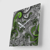 ファンタジーワールドグリーンとグレーの抽象芸術フラクタル・アート スクエア壁時計 (傾斜)