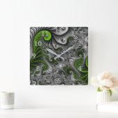 ファンタジーワールドグリーンとグレーの抽象芸術フラクタル・アート スクエア壁時計 (ホーム)