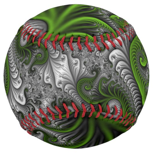 ファンタジーワールドグリーンとグレーの抽象芸術フラクタル・アート ソフトボール (正面)