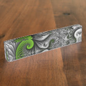 ファンタジーワールドグリーンとグレーの抽象芸術フラクタル・アート デスクネームプレート (側面)