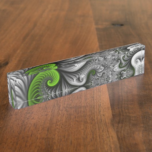 ファンタジーワールドグリーンとグレーの抽象芸術フラクタル・アート デスクネームプレート (側面)