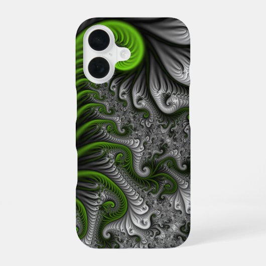 ファンタジーワールドグリーンとグレーの抽象芸術フラクタル・アート iPhone 16ケース (裏面)