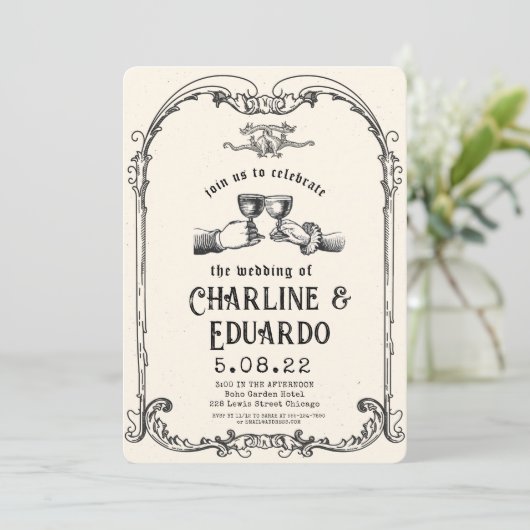 ファンタジー中世版木、銅版、版画アート結婚式招待状 招待状 (スタンド正面)