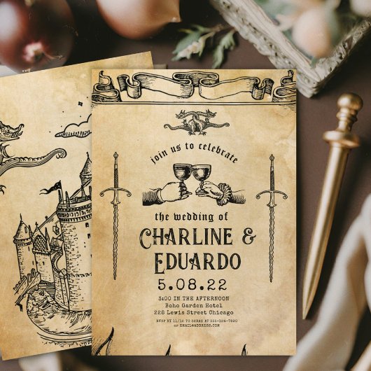 ファンタジー中世版木、銅版、版画アート結婚式招待状 招待状